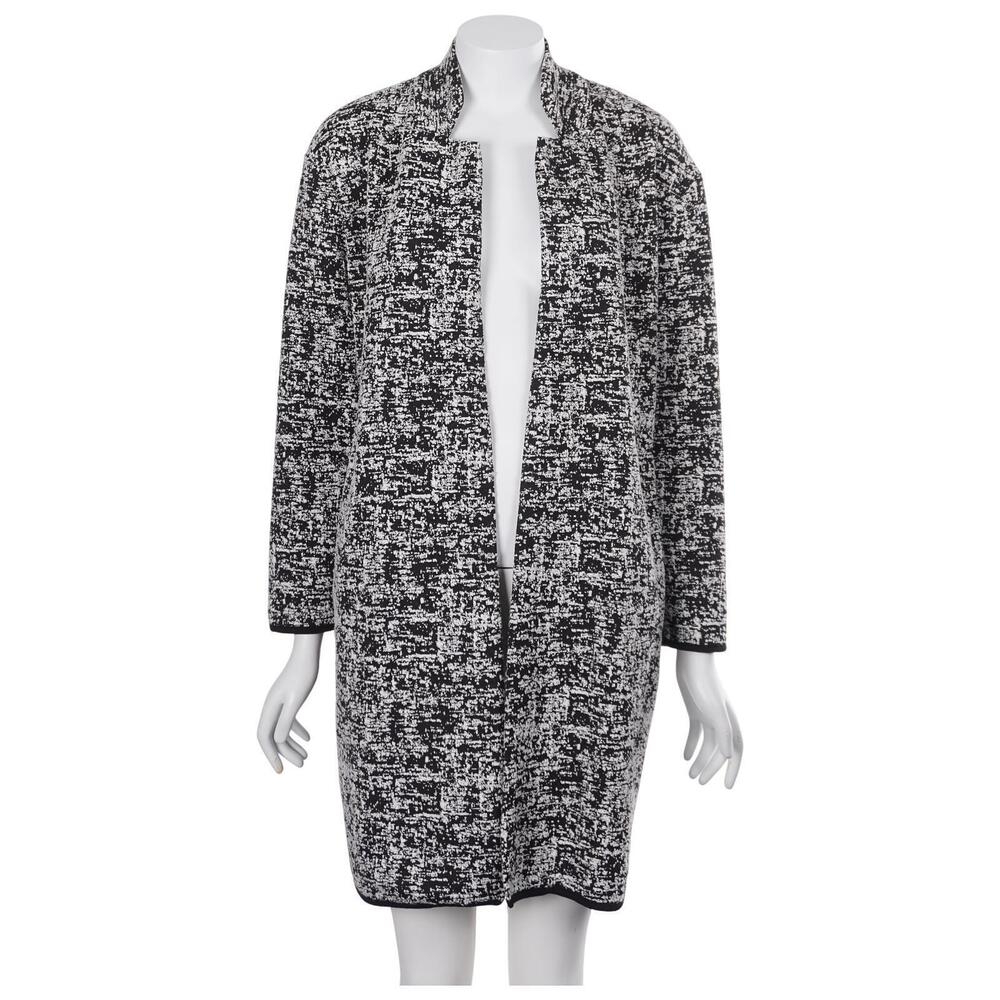 Joan Vass Topper Jacket S Black White Knit Stretch Open Front Pockets